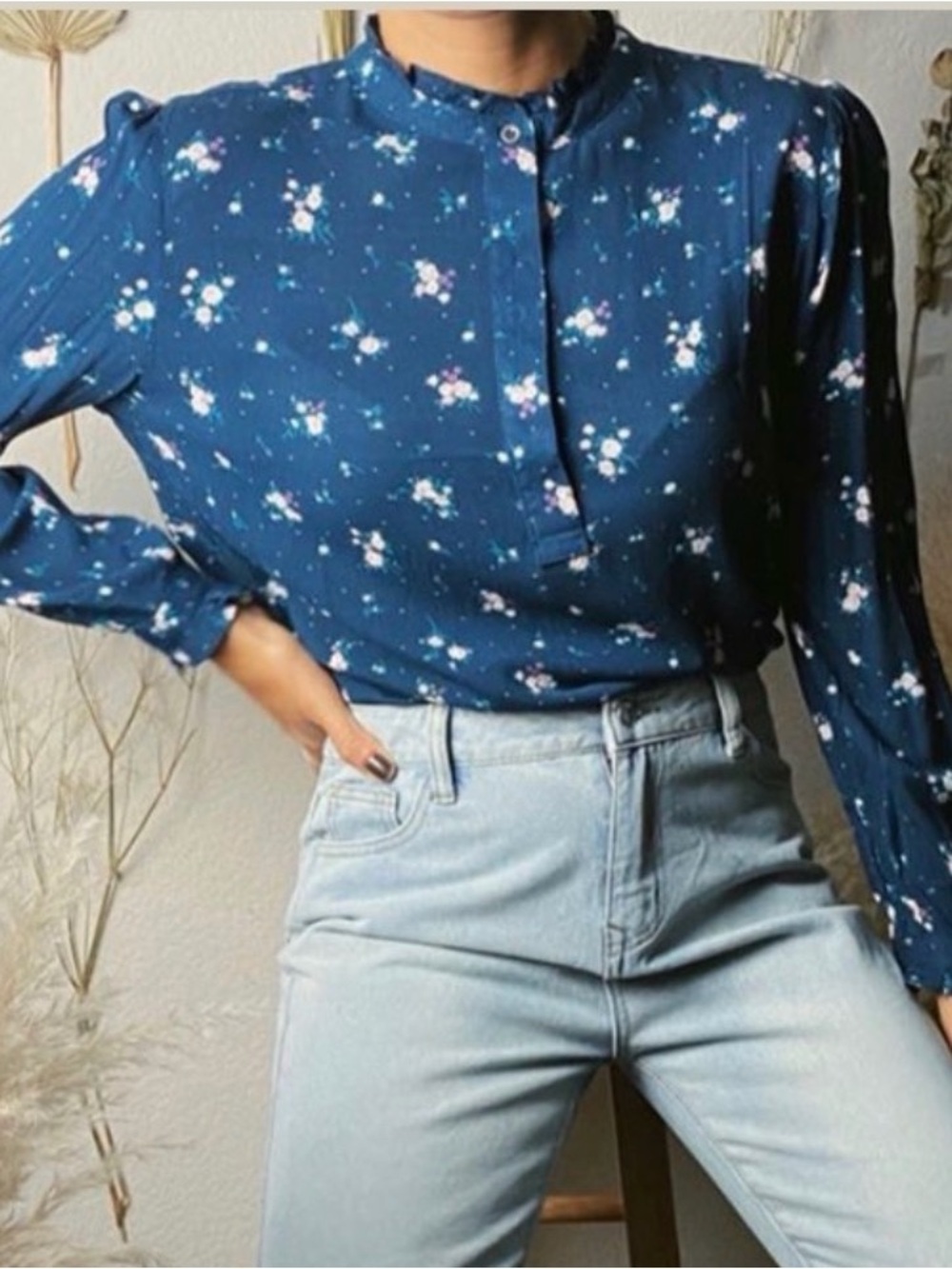 Women's Dark Blue Floral Mandarin-Collar Blouse